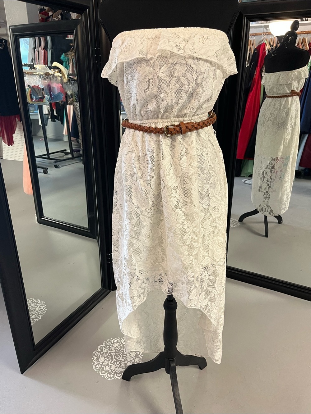Trixxi Ivory Sleeveless Lace Hi-Low Dress with Braided Belt